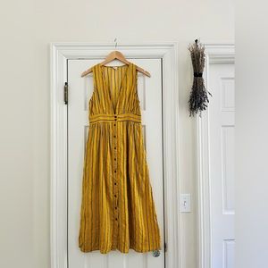 Hem & Thread Yellow Striped, Deep V Maxi Dress with Pockets